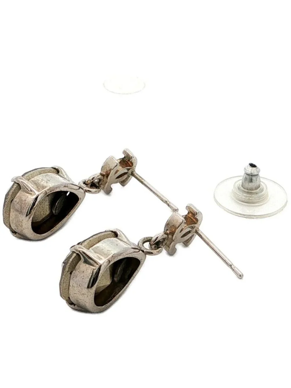 Chanel CC Logo Pear Shape Rhinestone Alloy Earrings Plated Silver